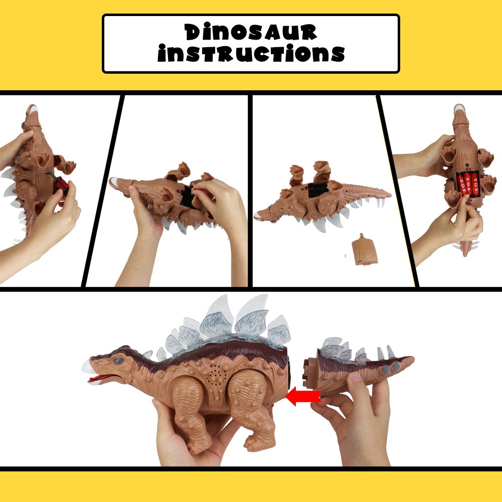 Fajiabao Dinosaur Toy Stegosaurus Electric Walking with Roar Sound and Colorful LED Light Glow Realistic Brown for Children Toddlers Kids Boys Girls