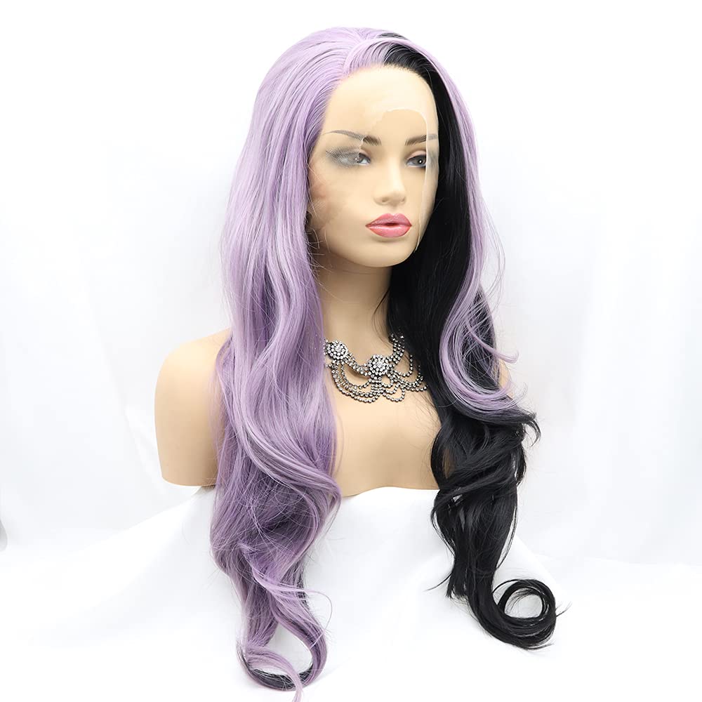 Xiweiya Black Purple Half Colour Lace Front Wig Long Body Wave Mermaid Piano Half Purple Half Black Side Part Soft Wig Hair Replacement Wig for Women, Drag Queen Makeup 24 inch