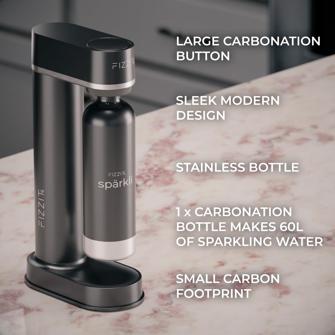 Fizzit Spärklï Carbonated Water Soda Maker with Stainless Steel Bottle Included,Dishwasher Safe (Sparkli-Black)