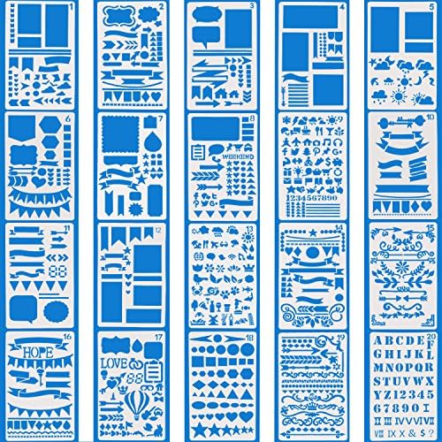 Vermogen Journal Stencils Set 20 Pcs DIY Drawing Templates for Journal Scrapbook Diary Notebook Over 1000 Different Patterns Plastic Planner Stencil for Painting