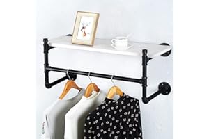HAOVON Industrial Pipe Clothing Rack Wall Mounted Wood Shelf,Pipe Shelving Floating Shelves,Retail Garment Rack Display Rack Clothes Racks(1 Tier,30in)