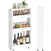 XYZLVSI Slim Storage Cart, 5 in Width, 4-Tier White Rolling Cart with Handle & Wooden Top for Kitchen Bathroom Laundry Narrow Places