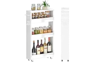 XYZLVSI Slim Storage Cart, 5 in Width, 4-Tier White Rolling Cart with Handle & Wooden Top for Kitchen Bathroom Laundry Narrow Places