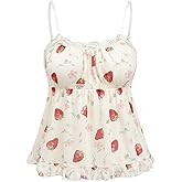 WDIRARA Women's Plus Size Strawberry Print Cami Top Mesh Camisole Lace Peplum Tops