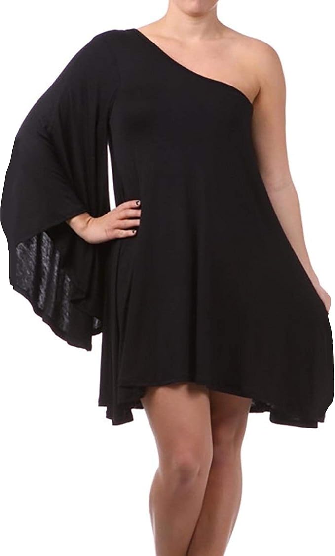 Plus Size One Shoulder Mini Dress with Dolman Long Sleeve in Black at