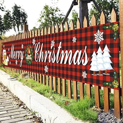Christmas Banner Outdoor 117” x 19” Large Merry Christmas Banners Decorations for Garden Yard Fence Wall Red Plaid Fabric Xmas Banner Porch Sign with Santa Reindeer Festive Holiday Party Decor