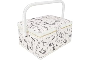 COMFECTO Sewing Box for Sewing Supplies Sewing Storage Organizer with Complete Hand Sewing Kit Tools, Wooden Sewing Basket with Removable Tray - Black White