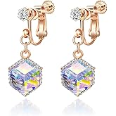 Cube Austrian Crystal Drop Clip On Dangle Earrings for Women Non Pierced 14K Rose Gold Plated Hypoallergenic Jewelry