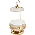Otantik Home Jiwar Chafer with Porcelain Bowl, Stainless Steel Base, Water Bowl for Even Heat, Glass Lid with Hanger, Powered Buffet Warmer for Catering (Beige & Gold, 4 Liters)