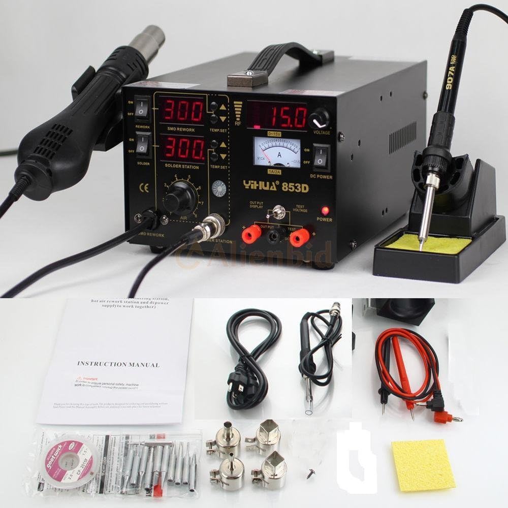 3 in 1 853D SMD DC Power Supply Hot Air Iron Gun Rework Soldering Station Welder