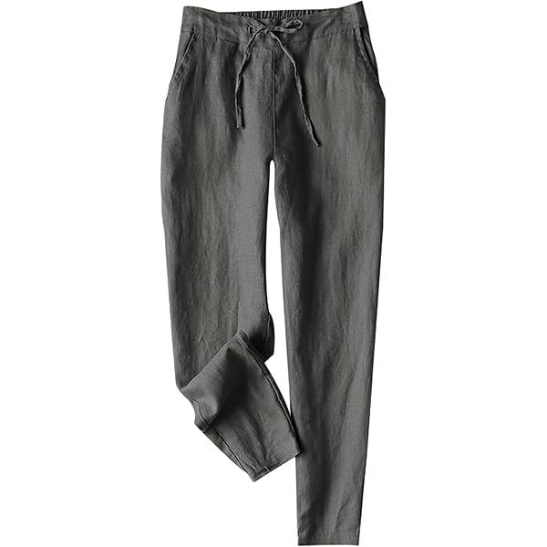 IXIMO Women's Tapered Pants 100% Linen Drawstring Back Elastic