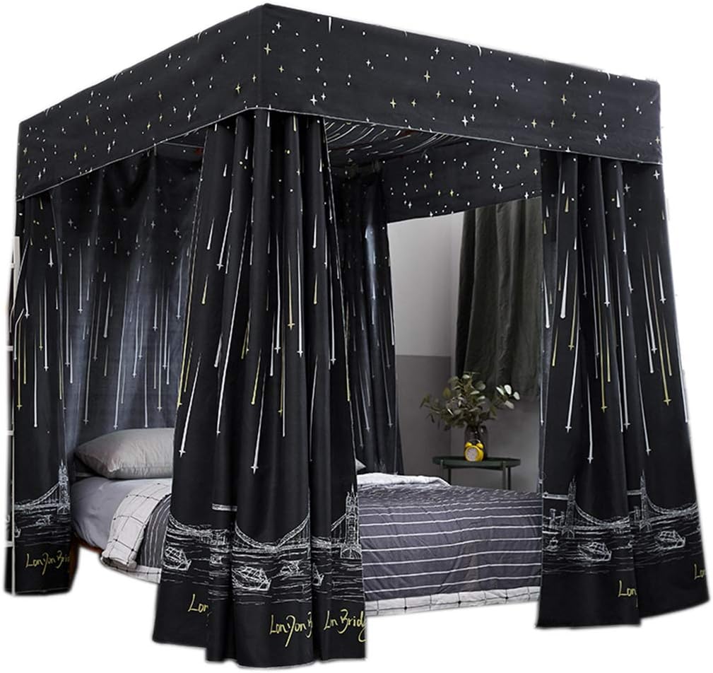 Princess 4 Corner Post Bed Curtain Canopy;Windproof Blackout Bed Canopy Mosquito Net Bedroom Decoration for Adults Girls Bed Canopies Child Gift (Black, Queen)