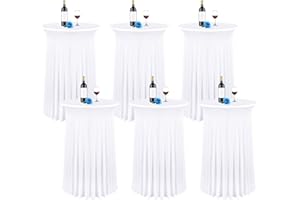 FANI 6 Packs 32"x 43" Round Cocktail Table Skirt,Spandex Stretch Cocktail Tablecloth with Wavy Drapes, Spandex Fitted High Top Table for Bar Party Banquet Wedding Birthday Table(White)