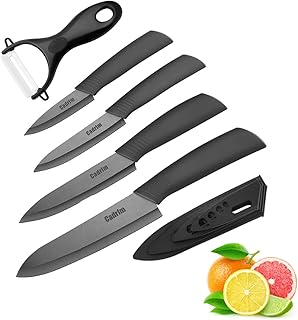 Cadrim Keramikmesser Set,Kochmesser mit Klingenschutz,Allzweckmesser und Messerschärfer,Keramik Küchenmesser zum Schneiden Obst Gemüse Fleisch - Sets of 5,Schwarz