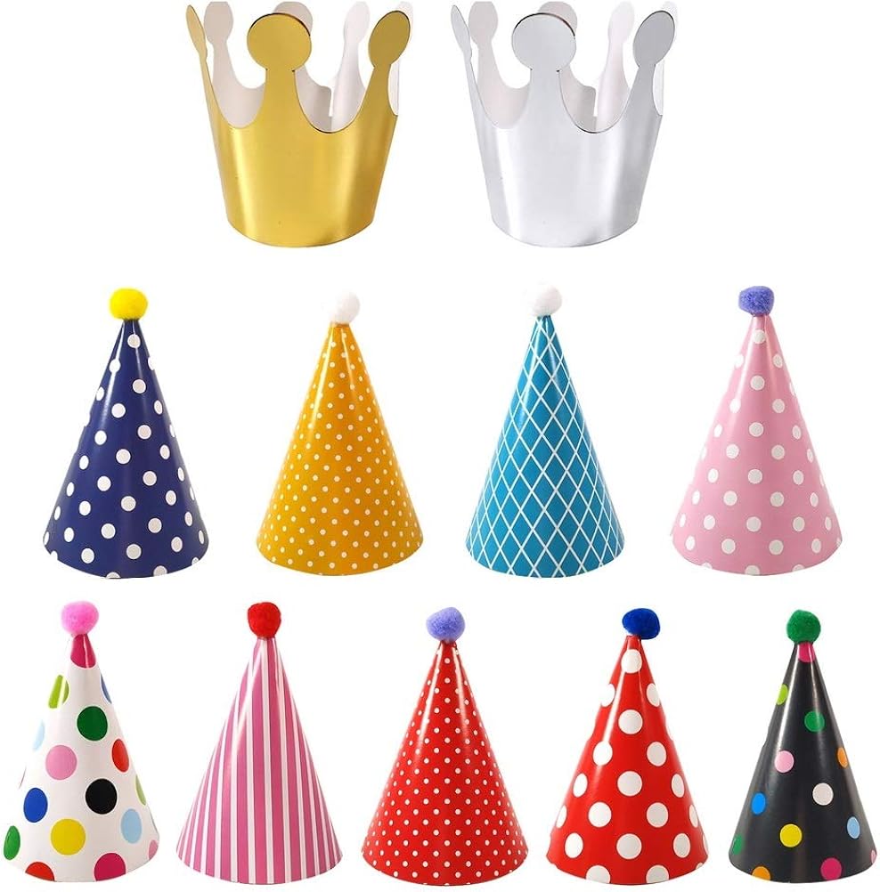 11 Pcs Party Hats, Birthday Mini Hats Colorful Birthday Party Cone Hat with Pom Poms for Kids