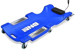 DNA MOTORING 40 Inch Low Profile Plastic Rolling Garage Shop Floor Creeper with LED Light, Padded Headrest, Dual Tool Trays, Casters, Blue, TOOLS-00389-BL