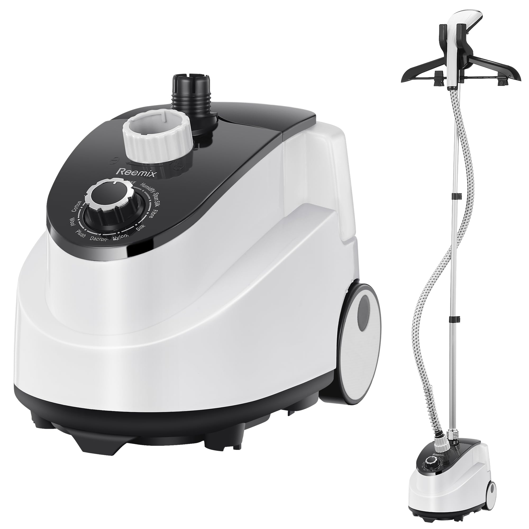 Professional Steamer for Clothes, Reemix Standing Steamer with Garment Hanger, Heats in 30 Seconds, Large Detachable Water Tank for 1 Hour Continuous Steaming, Includes Fabric Brush, Easy-roll Wheels