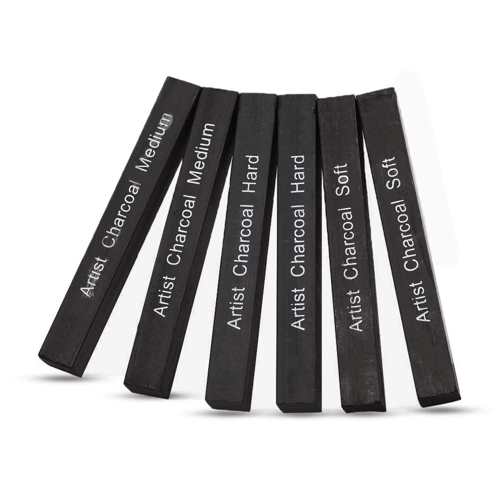 6Pack Compressed Charcoal Sticks for Drawing Sketch Charcoal Stick Professional Charcoal Drawing Blocks Soft Medium Hard Graphite Sticks for Drawing Charcoal Graphite Pencils for Sketching Shading