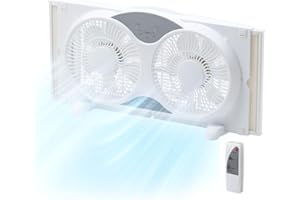 EZ-CHILL 9” Window Fan with Remote Control, 3 Speed Dual Fans with Auto-Locking Expanders, 3 Modes (Cool, Circulate, Exhaust), Fabric Cover, White