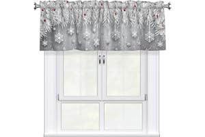 Evlaschin 1 Panel Winter Snowflakes Kitchen Valances for Window 54"x18" Christmas Falling Silver Snow Short Rod Pocket Xmas Tree Red Berry Curtain Valance for Bathroom Living Room Decor
