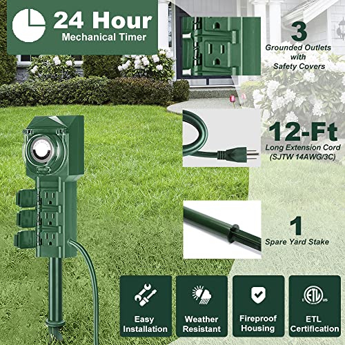 BESTTEN 24Hour Mechanical Timer, Outdoor Power Strip with 12Foot