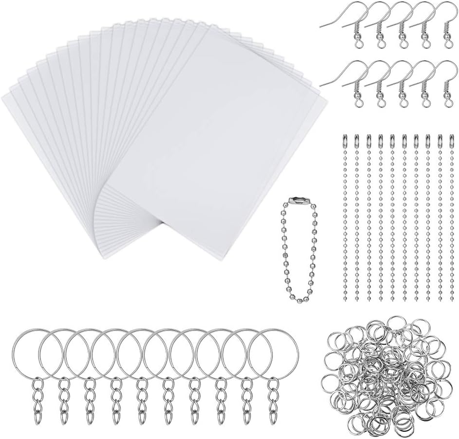 Tony-p 150 Pieces Heat Shrink Plastic Sheet Kit, 20 PCS Shrinky Art Paper with 130 PCS Keychains Accessories