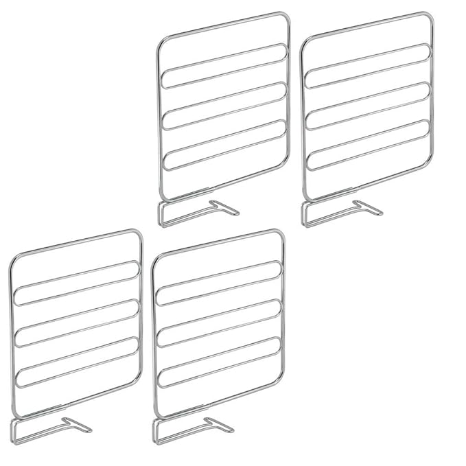 mDesign Juego de 4 separadores metálicos para organizar armarios y estanterías – Prácticos divisores de estantes y repisas – Sistema de accesorios para armarios sin tornillos – plateado