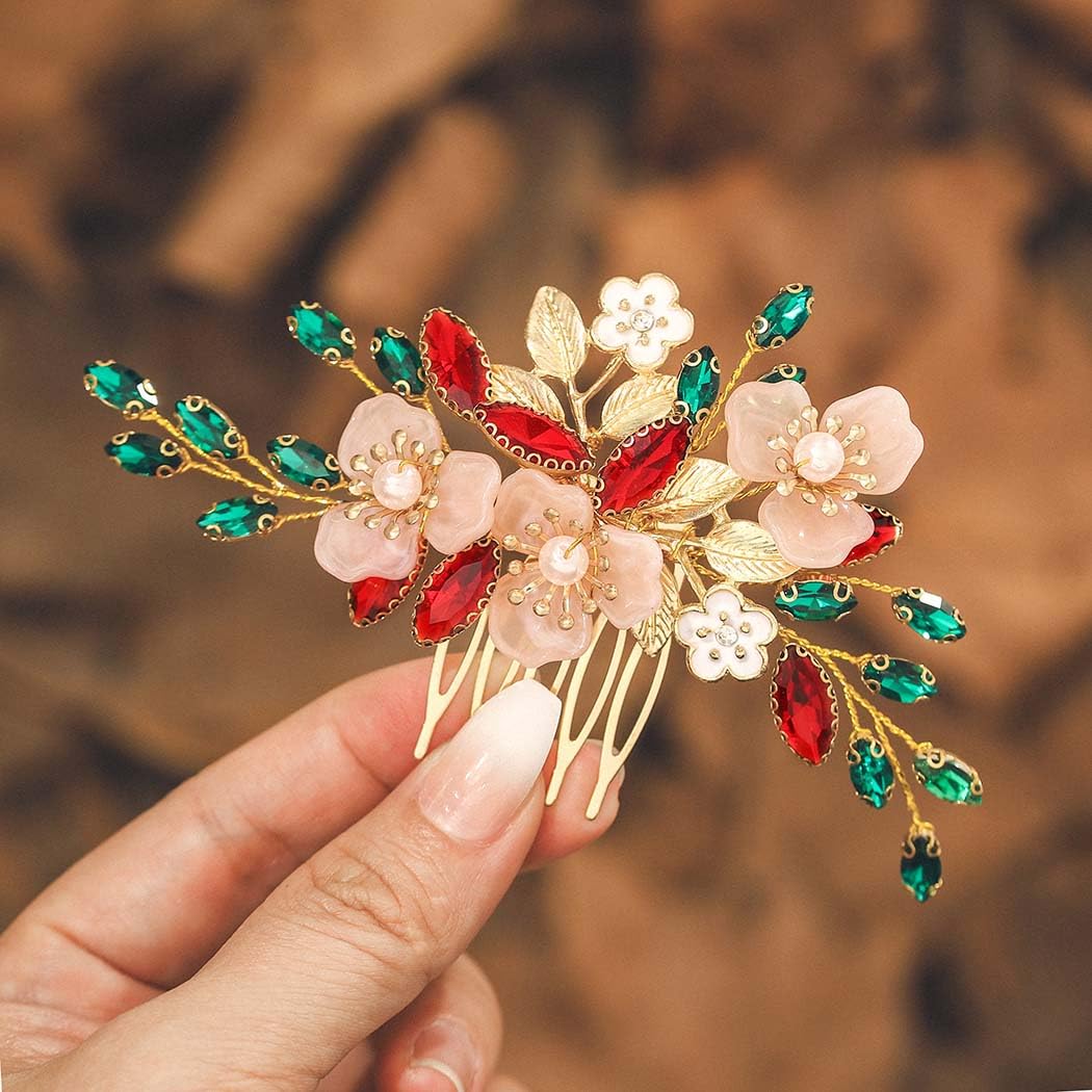 IYOU Bridal Wedding Hair Comb Flower Red Bride Headpiece Crystal Baroque Guest Hair Accessories for Women