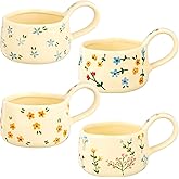 Ceramic Coffee Mug Set of 4 Cute Hand Kneaded Irregular Stackable Coffee Mugs with Floral Pattern 8.5 oz Vintage Aesthetic Latte Art Mug Pretty Tea Cup Unique Espresso Cups for Cappuccino Cocoa