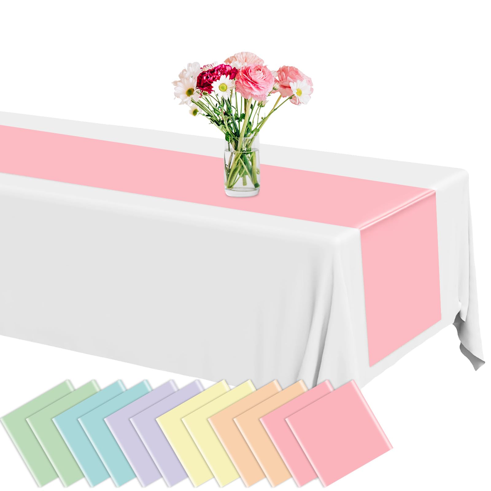 Photo 1 of 12 Pack Pastel Rainbow Plastic Table Runners 14 x 108in Pastel Long Wedding Table Runner Disposable Tables Runners for Dinner Banquet Tables Decor Ice Cream Party Wedding Birthday Party Decor