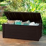 Pool Deck Storage Box and Bench is 2 in 1 Multifunctional Patio Seat Resin UV Protected 120-Gallon Pool and Yard Container for Cushions Table Covers Candles Beach Toys
