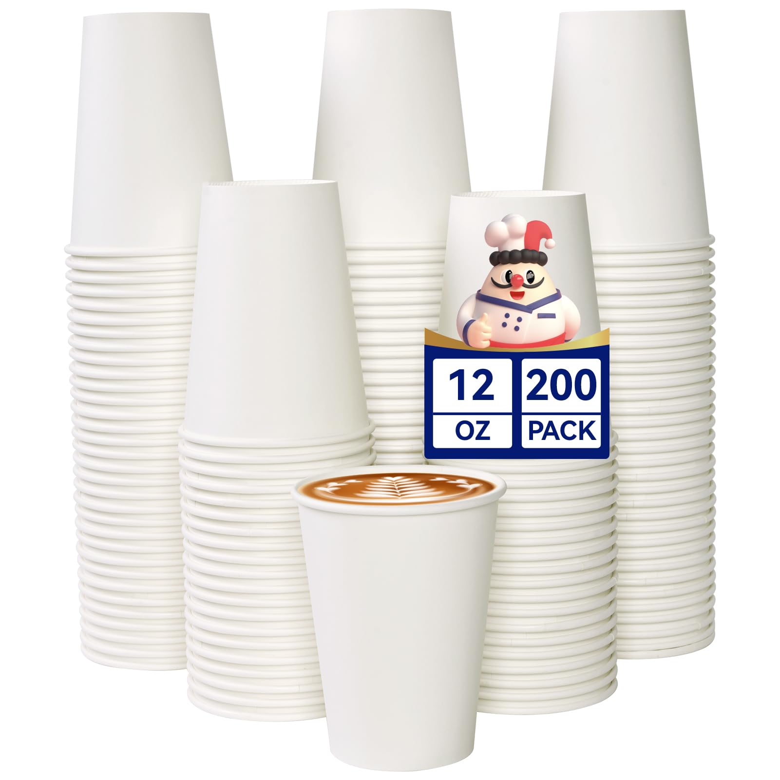 Photo 1 of JOLLY CHEF 200 Count 12 oz Coffee Cups, Leak-Proof White Paper Cups for Coffee, Water, Juice, or Tea, Suitable for Party, Picnic, Travel, and Events