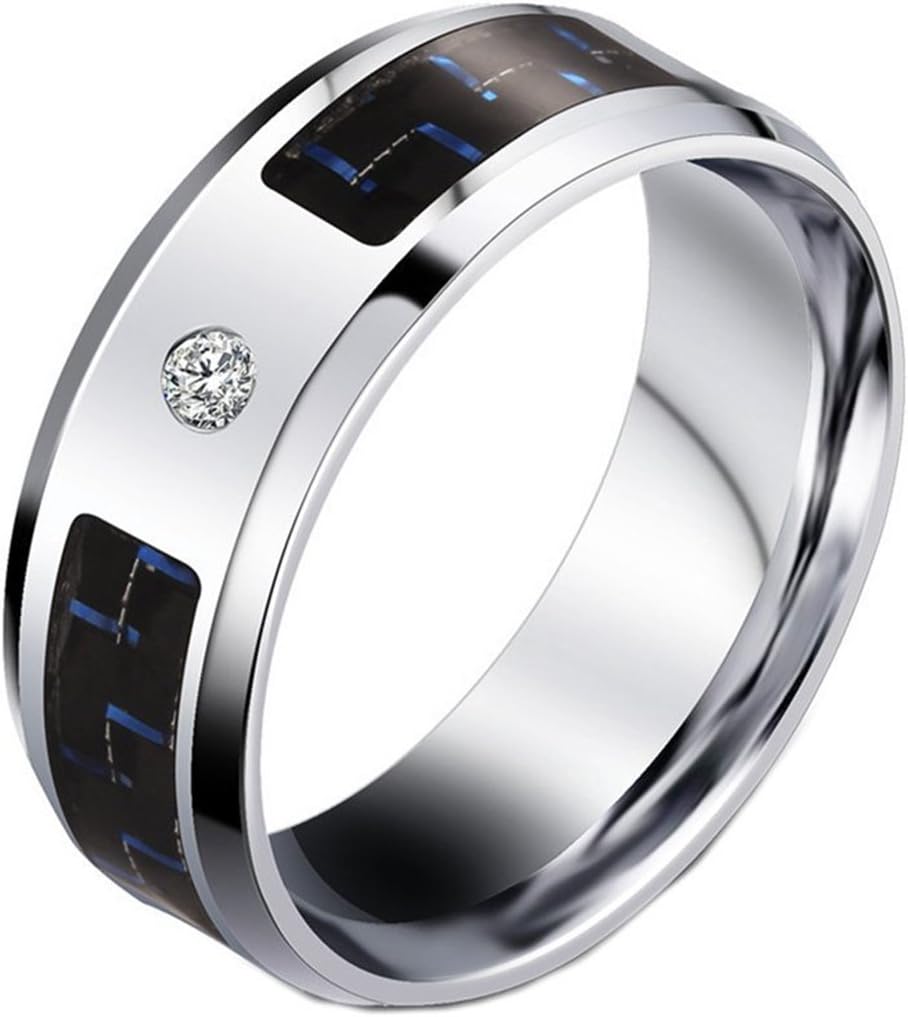 DDOLAA 8mm Silver Carbon Fiber Titanium Steel Inlay CZ for Unisex Ring