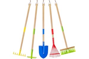 Theefun Kids Garden Tool Set: Toddler Size Hoe, Rake, Shovel, Leaf Rake, Broom - 5-Piece Kids Gardening Tools with Wooden Handle and Metal Head for Child Best Outdoor Toys Gift for Boys and Girls