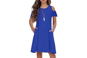 Arshiner Girls Summer Dress Short Sleeve Cold Shoulder Solid Color Swing Casual Dresses with Pockets