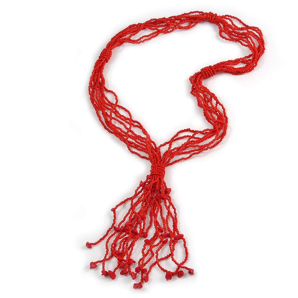 Avalaya Multistrand Scarlet Red Glass Bead Semiprecious Stone Tassel Necklace/ 66cm L/ 12cm Tassel