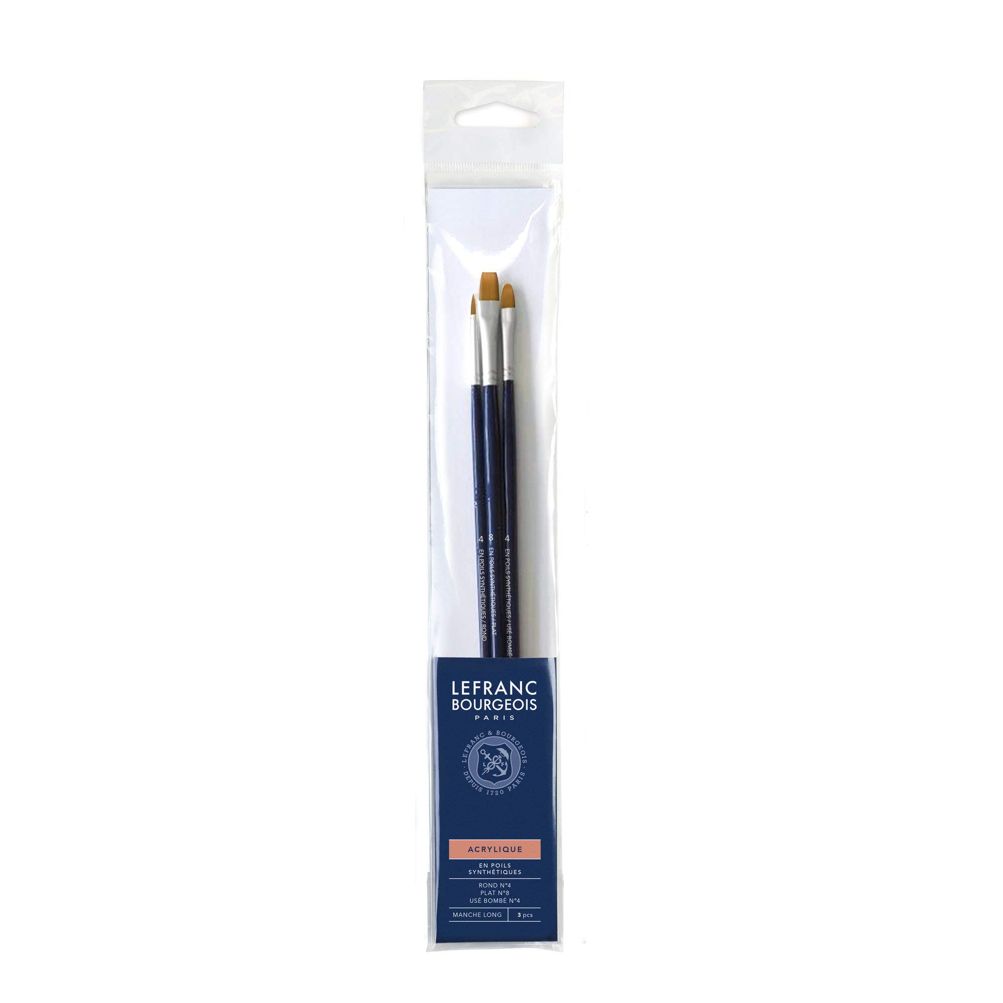Lefranc & Bourgeois 300241 Painting Brush, Mixed Set, Round No. 4, Flat No. 8, Filbert No. 4, Long Handle, 3 Brushes No. 8