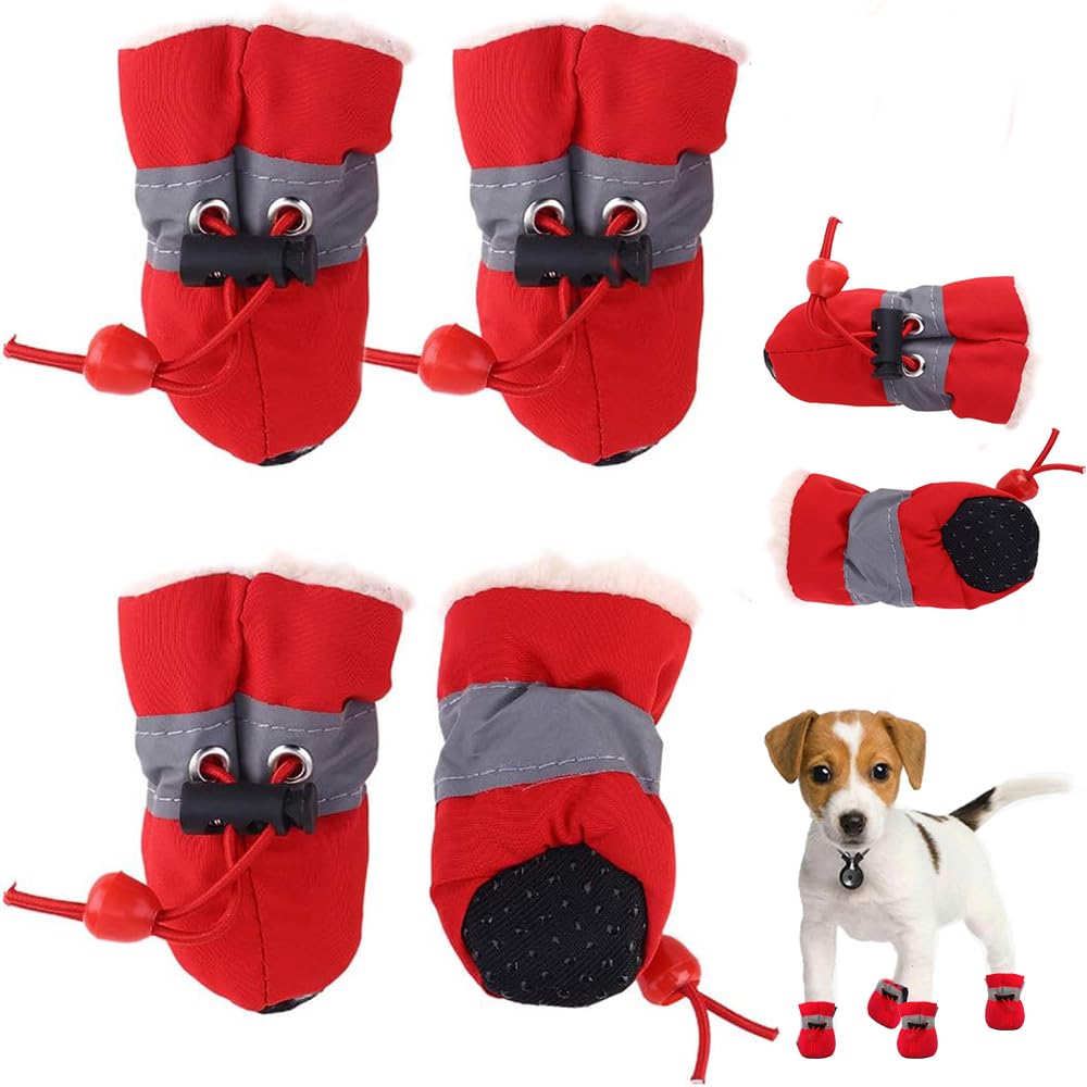 FaJoek 4 x Non-Slip Snow Protection Dog Boots, Dog Boots with Reflective Straps, Waterproof Dog Shoes, Plush Dog Boots for Small Dogs (Red, #7)