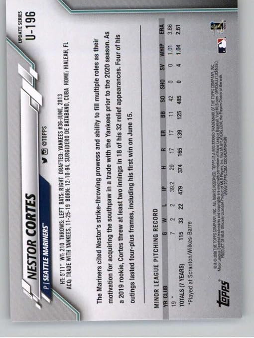Amazon Com Topps Update U 196 Nestor Cortes Nm Mt Rc Rookie Seattle Mariners Baseball Mlb Collectibles Fine Art