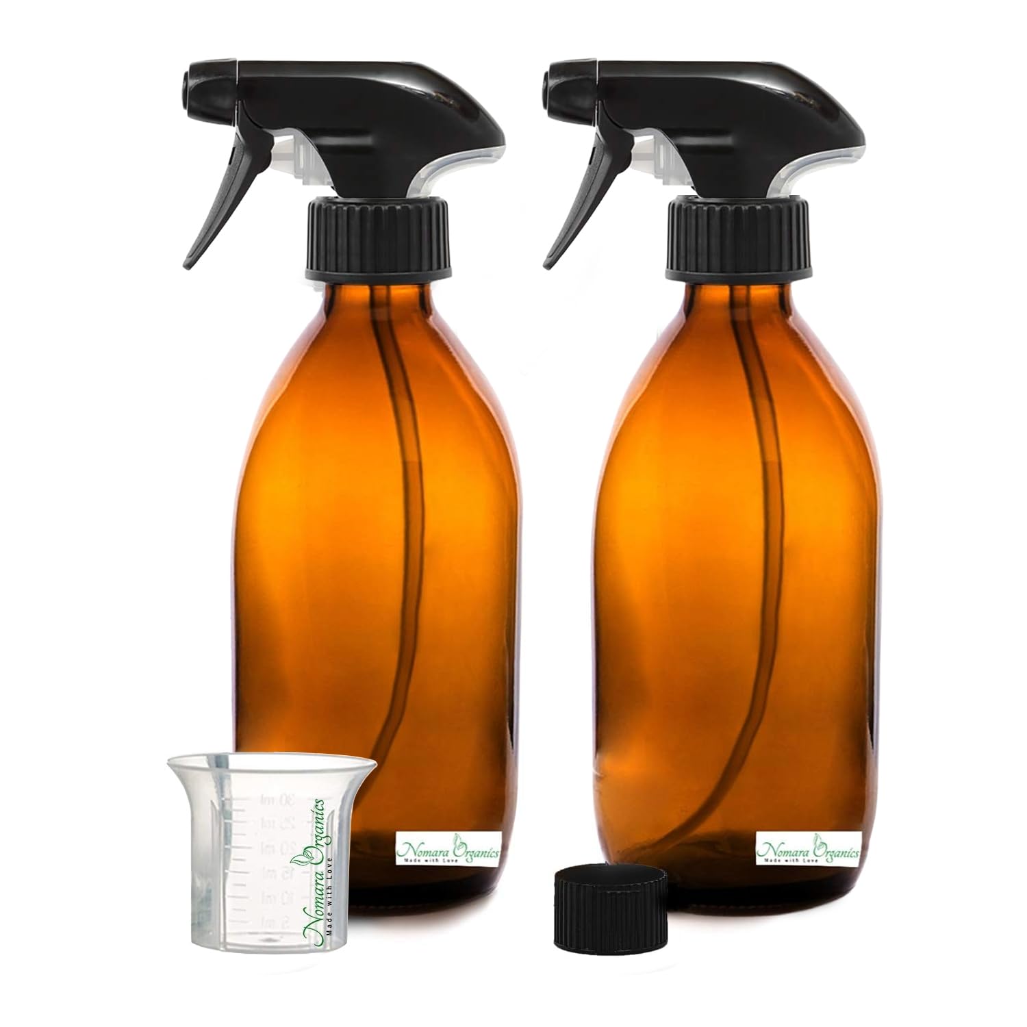 Nomara Organics Amber Glass Spray Bottles 300mL, 2 Pack- BPA Free, Refillable, Reusable, Pump Containers for Organic Beauty or Kitchen, Bathroom Cleaning Products.
