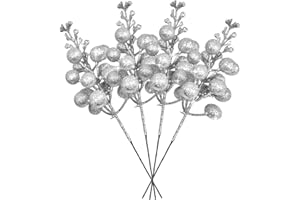 ZEBMOON 36Pcs Silver Christmas Glitter Berries Stems, 7.5 Inch Artificial Christmas Picks, Glitter Berry Branches, Berry Holly Picks Stems for Christmas Tree Ornaments, DIY Xmas Wreath Party Home Decor