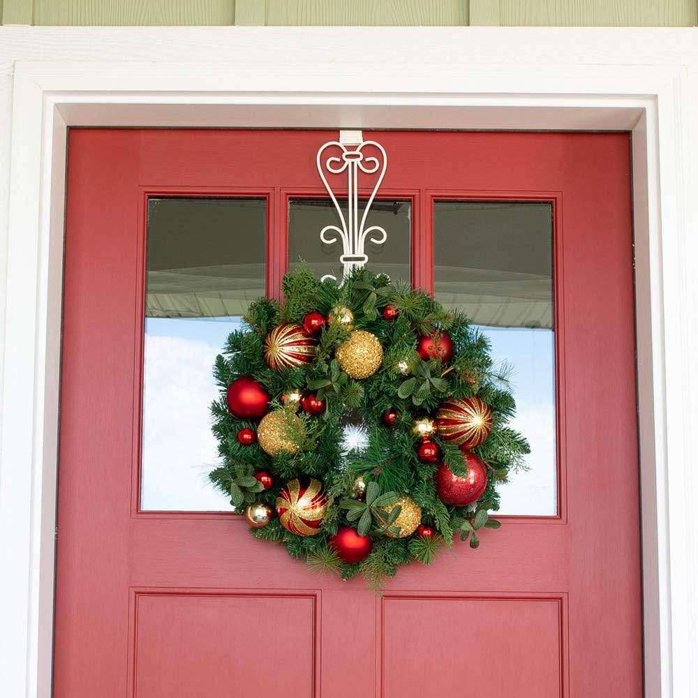 [Front Door Wreath Hanger] - Elegant Design | Adjustable Hook Length for Tall and Small Doors | Padding to Prevent Damage Like Scratch and Dents | Heavy Duty Cast Iron Metal Hangar - (White): Kitchen & Dining