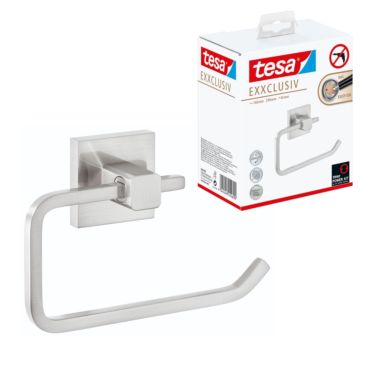 tesa EXXCLUSIV Toilet Roll Holder Without Lid - Wall-Mounted Toilet Paper Holder with Power.Kit Technology in Stainless-Steel Design - Waterproof, incl. Adhesive Solution - 99mm x 160mm x 45mm