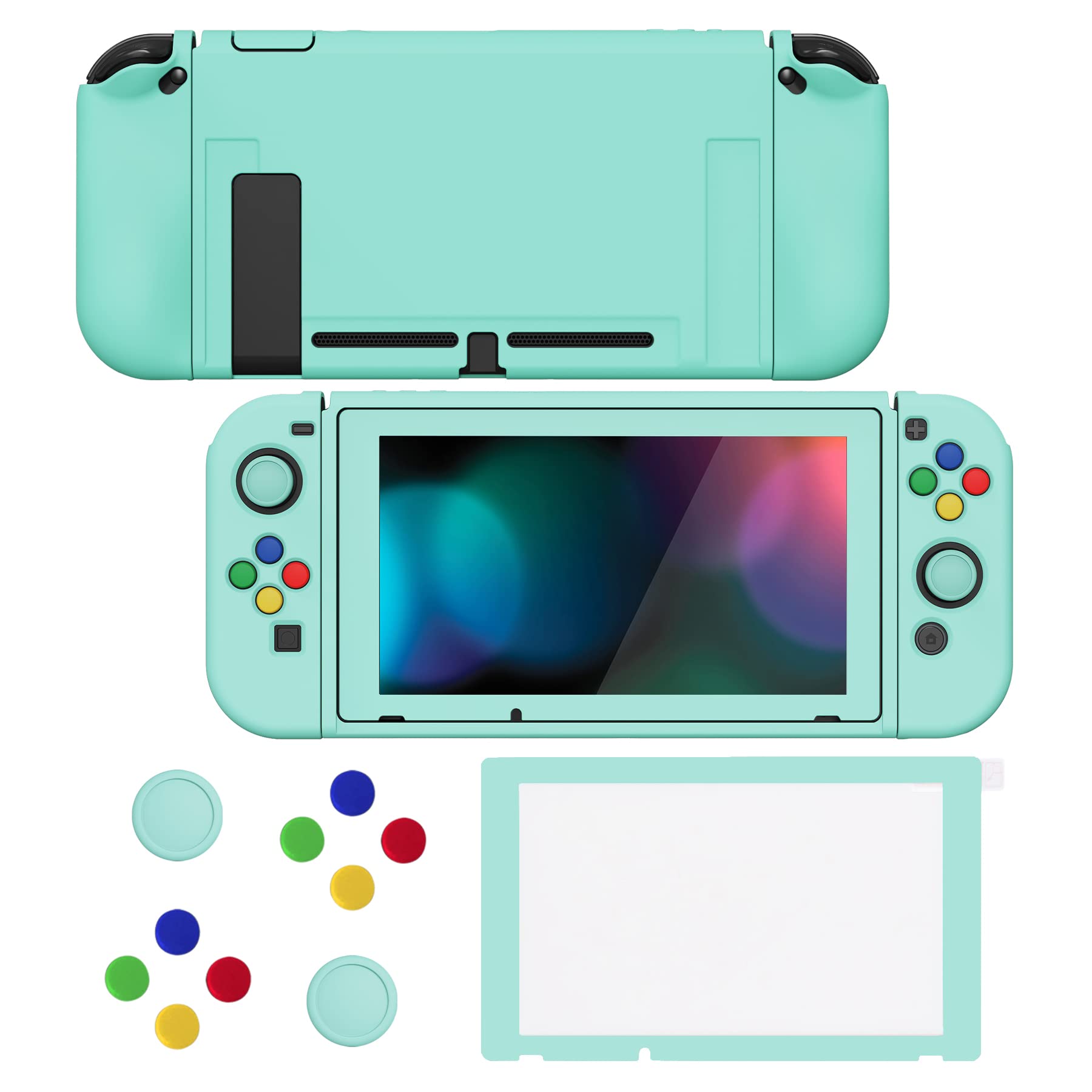 PlayVital ZealProtect Soft Protective Case for Nintendo Switch, Flexible Joycon Cover Slim Cover for Nintendo Switch with Screen Protector & Thumb Grip Caps & ABXY Direction Button Caps - Misty Green