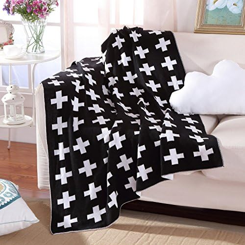 Abreeze Super Chunky Hand Knitted Cotton Blanket Throw, Smoke , Black and White Swiss Cross Pattern 100% Cotton Knitted Throw Blanket 36'x43'inches, Swiss Cross
