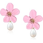 Aishgjia Sweet Flower Pearl Stud Earrings Spring Floral Pearl Flower Dangle Earrings for Women Statement Wedding Holiday Jewelry