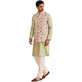 Sojanya (Since 1958 Men'S Silk Blend Self Design Pista Green Kurta With Pyjama & Cream Nehru Jacket