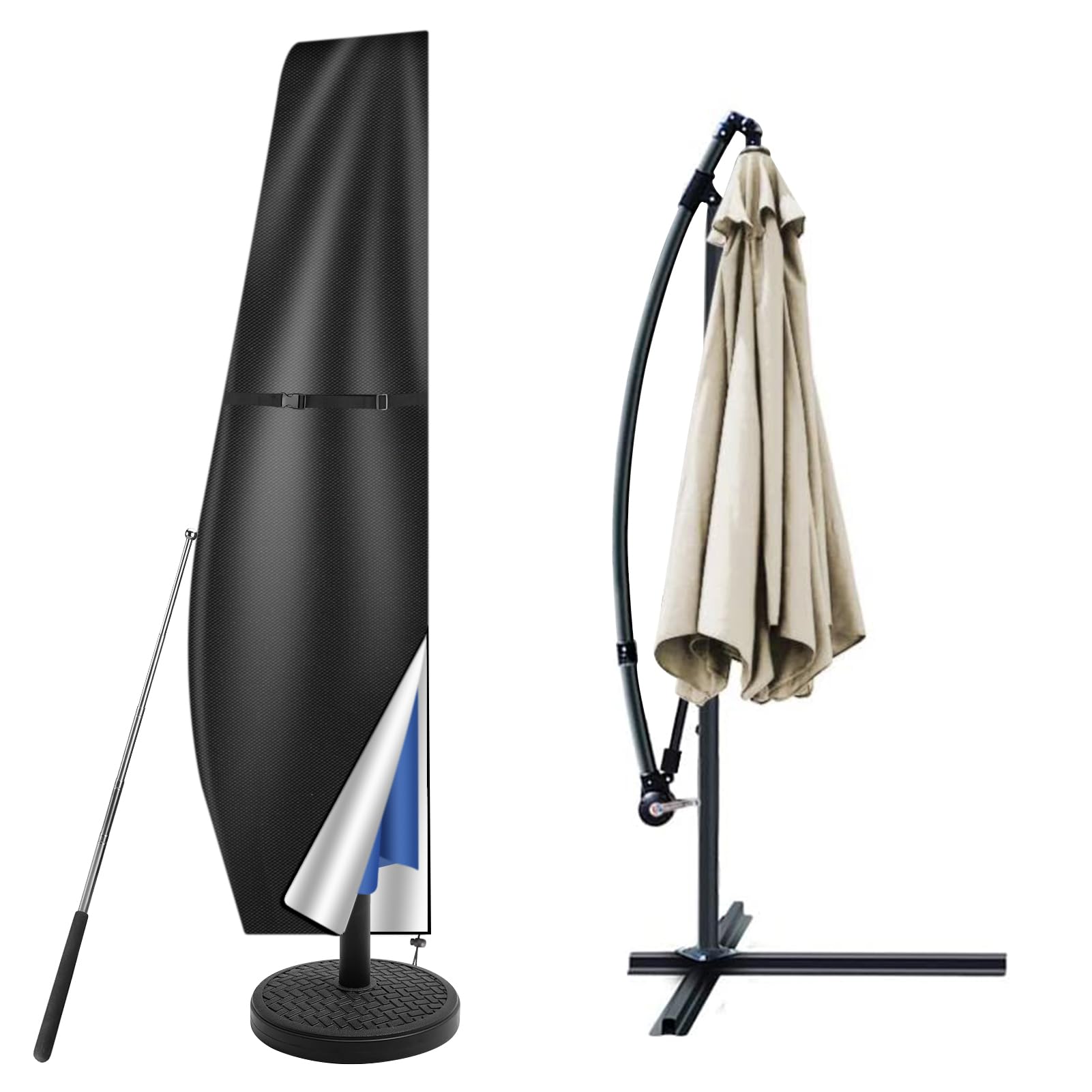 Teynewer Parasol Cover Waterproof, Cantilever Parasol Protective Cover with Telescopic Pole and Zipper Fit for 2 to 4 m Diameter Umbrella Patio Parasol Weatherproof UV-Anti Windproof (265x40x70/50cm)