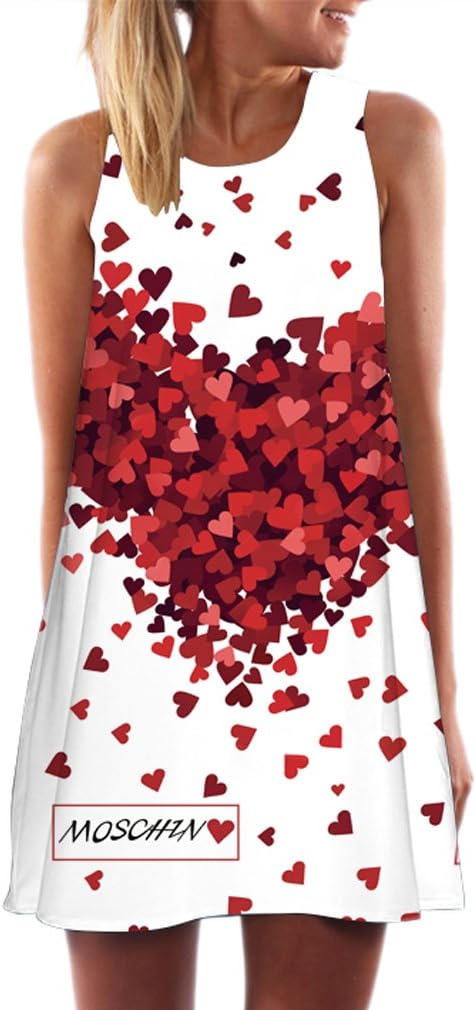 Honghu Women's Sleeveless Heart Print Party Summer Boho Beach Dress