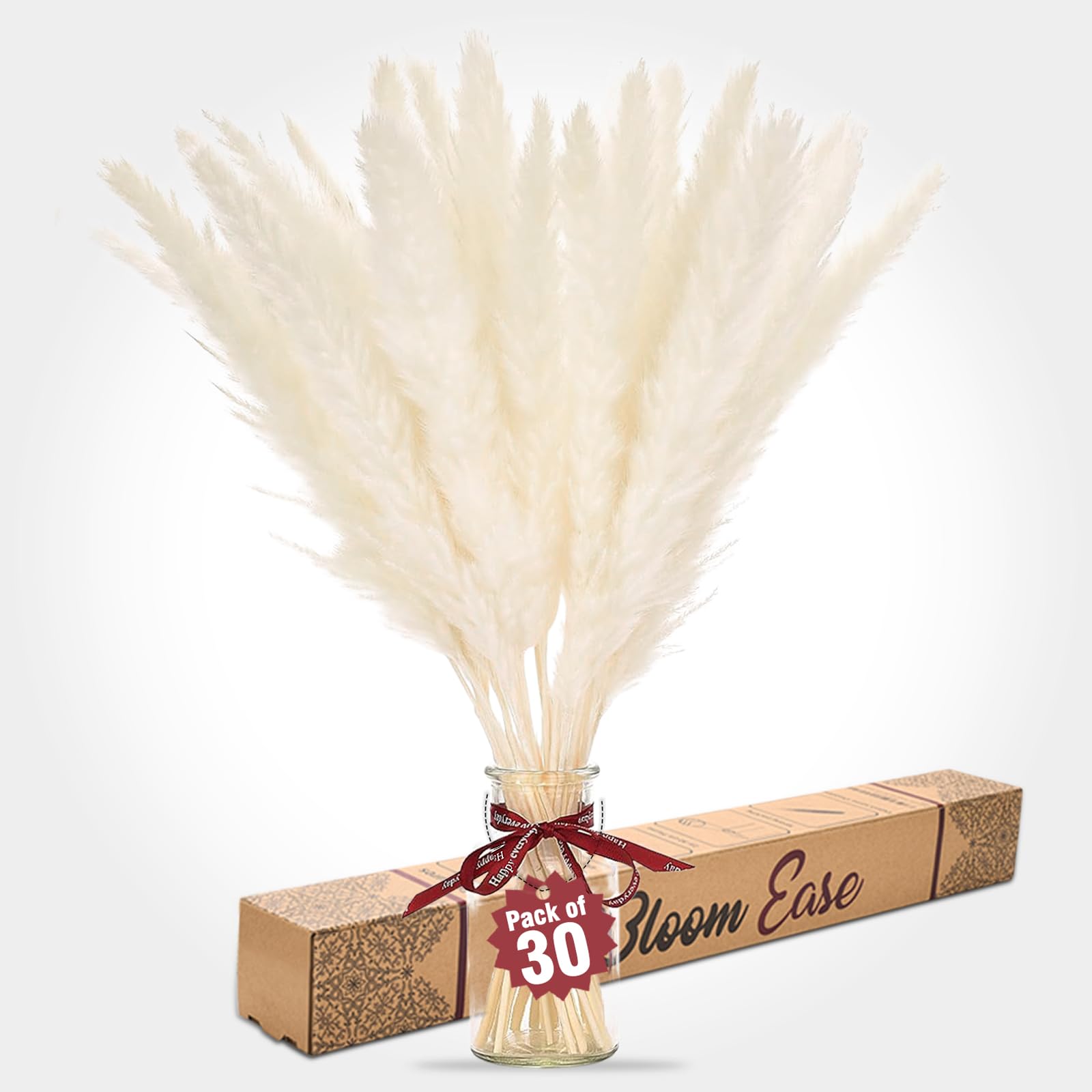 Bloom Ease Dried Pampas Grass - 30 Stems Natural Pampas Grass Decor for Boho Home, Weddings and Celebrations - 45cm Long White Fluffy Stems with a Gift Box